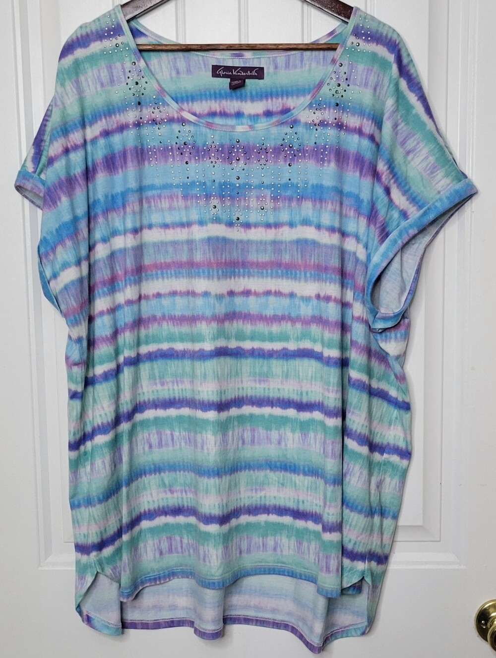 Gloria Vanderbilt Pastel Stripe Scoop Neck Top with Embellishment Multicolor